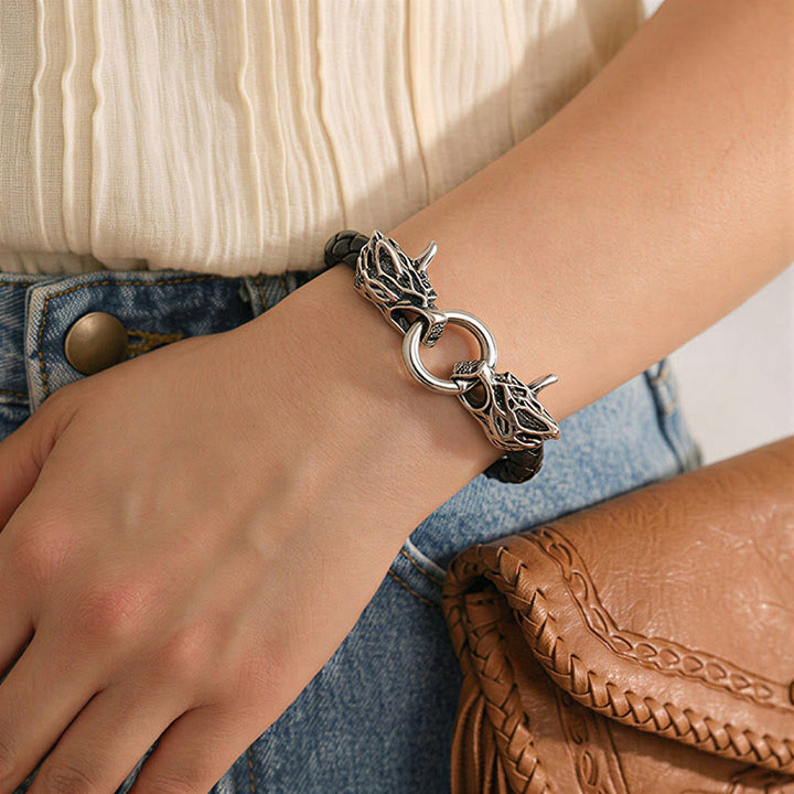 Bracciale da uomo vintage vichingo in pelle intrecciata con doppia testa di lupo - image 2