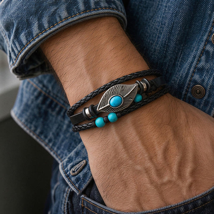 Bracciale magnetico da uomo in pelle stile boho western con piume e pietre preziose. - image 1