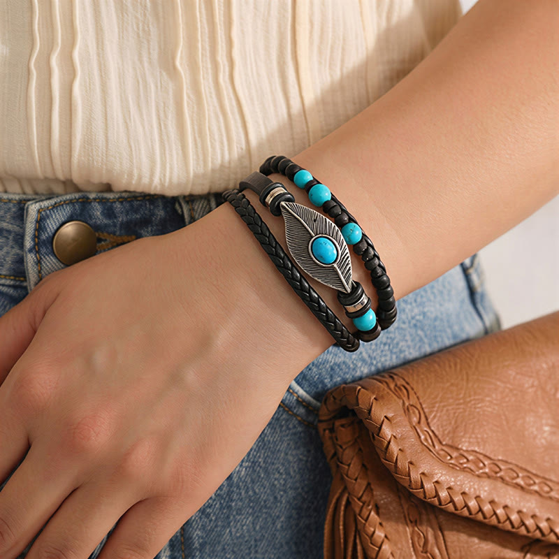 Bracciale magnetico da uomo in pelle stile boho western con piume e pietre preziose. - image 5