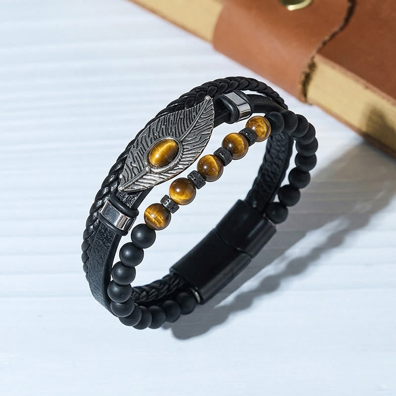 Bracciale magnetico da uomo in pelle stile boho western con piume e pietre preziose. - Stile n. 1 - 23 cm - image 2