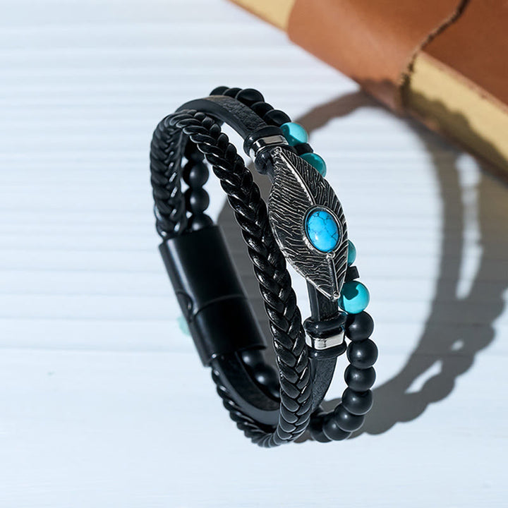 Bracciale magnetico da uomo in pelle stile boho western con piume e pietre preziose. - Stile n. 2 - 23 cm - image 0