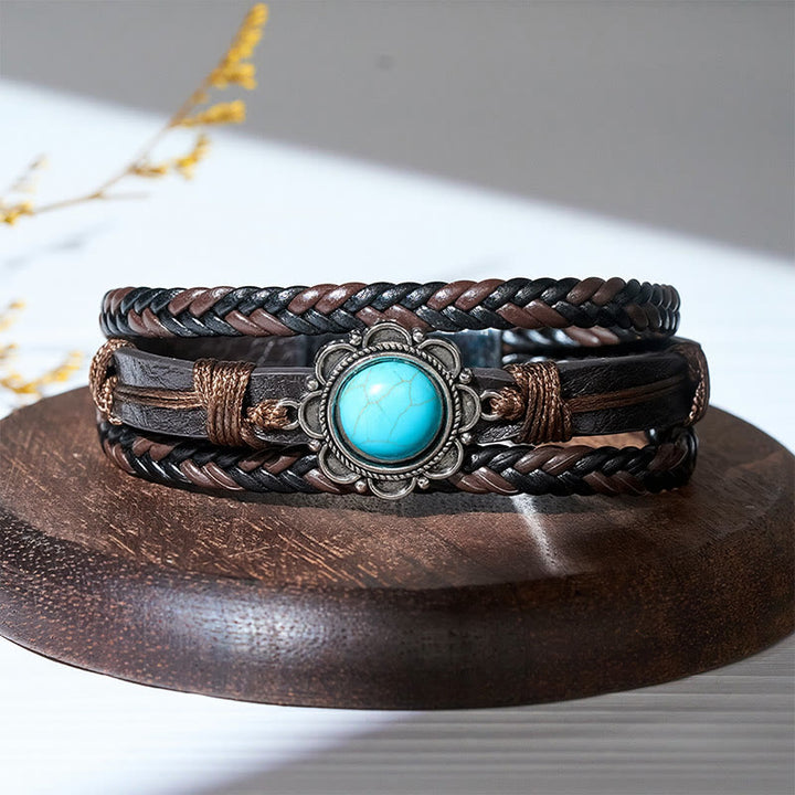 Bracciale da uomo in pelle nera stile sud-occidentale con conchos turchesi - image 4