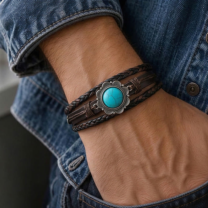Bracciale da uomo in pelle nera stile sud-occidentale con conchos turchesi - image 1