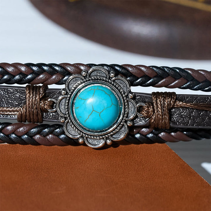 Bracciale da uomo in pelle nera stile sud-occidentale con conchos turchesi - image 7