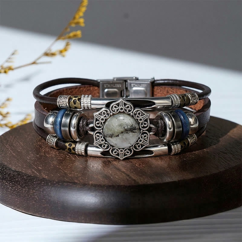 Bracciale vintage in acciaio inossidabile, pelle e pietra ovale naturale, stile sud-occidentale - Stile n. 4 - image 7