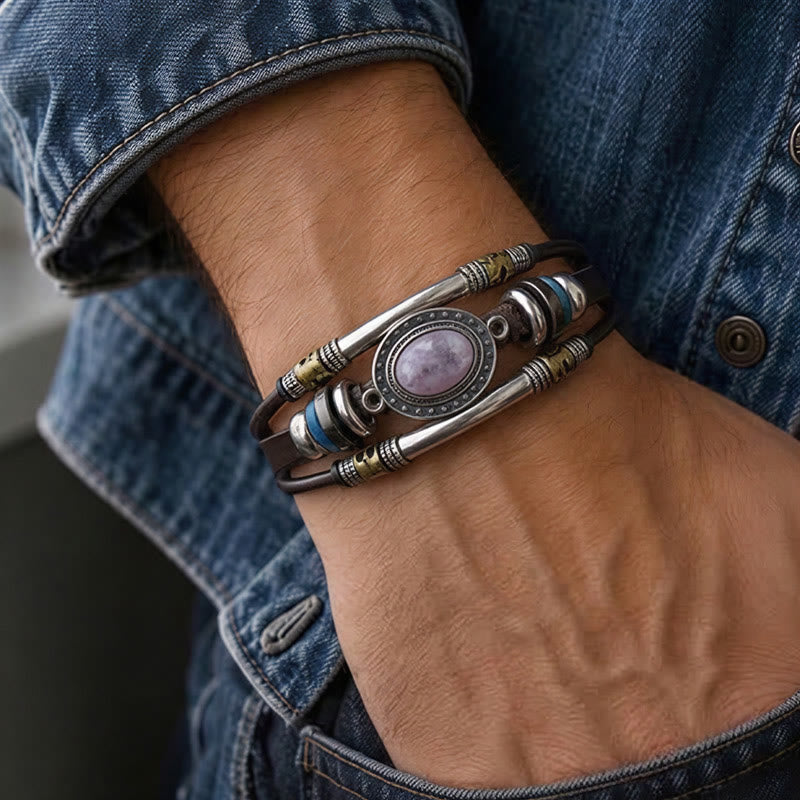 Bracciale vintage in acciaio inossidabile, pelle e pietra ovale naturale, stile sud-occidentale - image 1