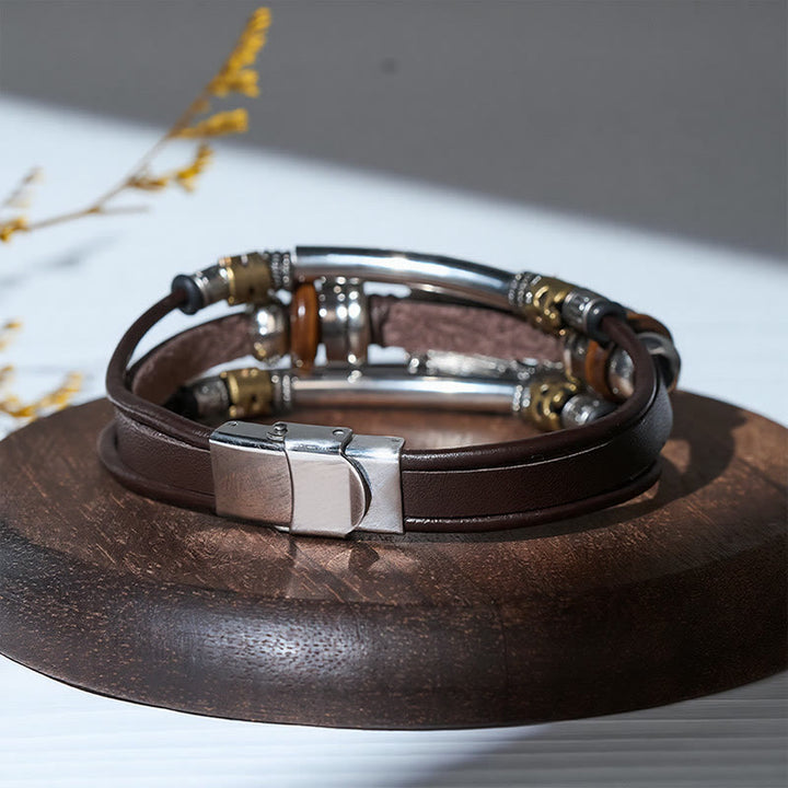 Bracciale vintage in acciaio inossidabile, pelle e pietra ovale naturale, stile sud-occidentale - image 10