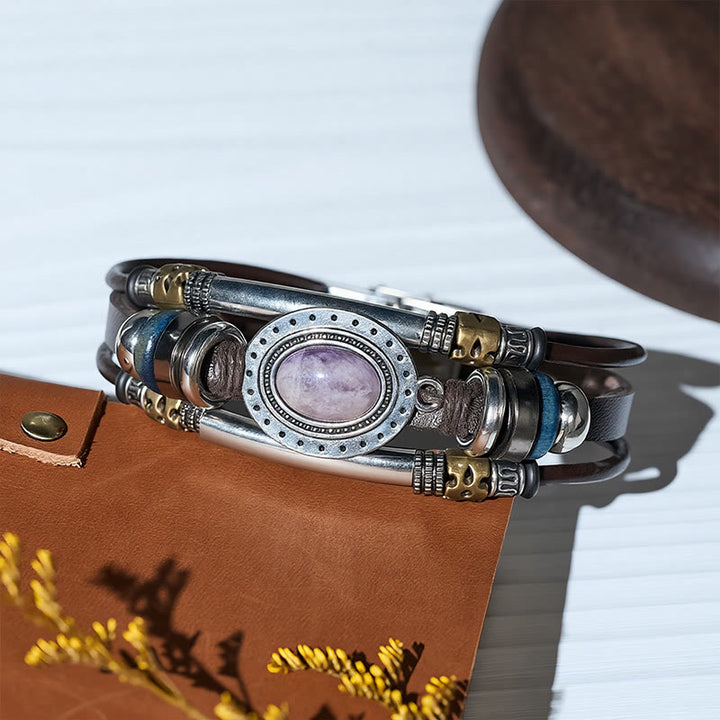 Bracciale vintage in acciaio inossidabile, pelle e pietra ovale naturale, stile sud-occidentale - image 5