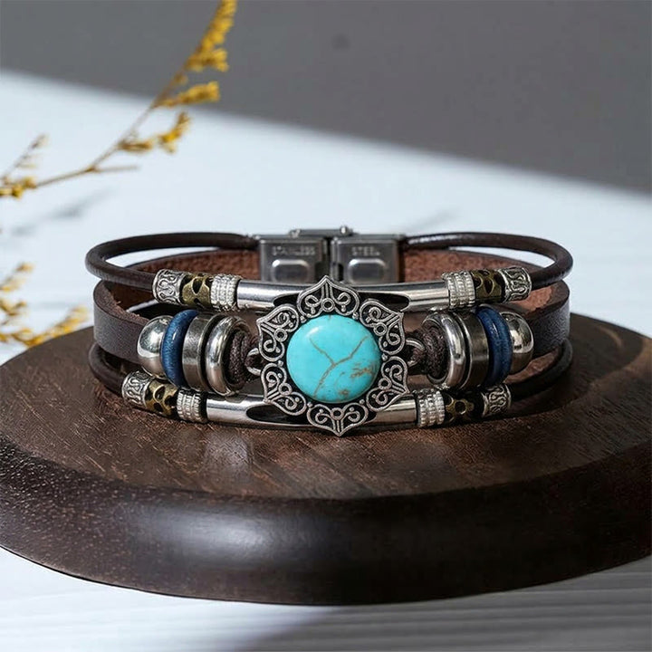 Bracciale vintage in acciaio inossidabile, pelle e pietra ovale naturale, stile sud-occidentale - Stile n. 1 - image 0