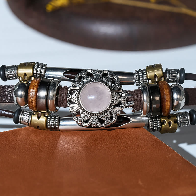 Bracciale multistrato in pelle e acciaio inossidabile con pietre preziose e motivo floreale in stile occidentale. - Stile n. 2 - image 12