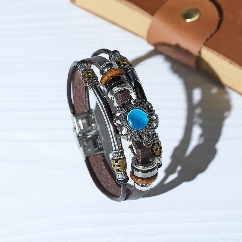 Bracciale multistrato in pelle e acciaio inossidabile con pietre preziose e motivo floreale in stile occidentale. - image 0