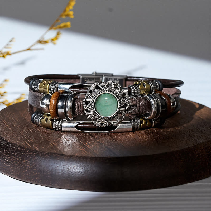 Bracciale multistrato in pelle e acciaio inossidabile con pietre preziose e motivo floreale in stile occidentale. - Stile n. 6 - image 7