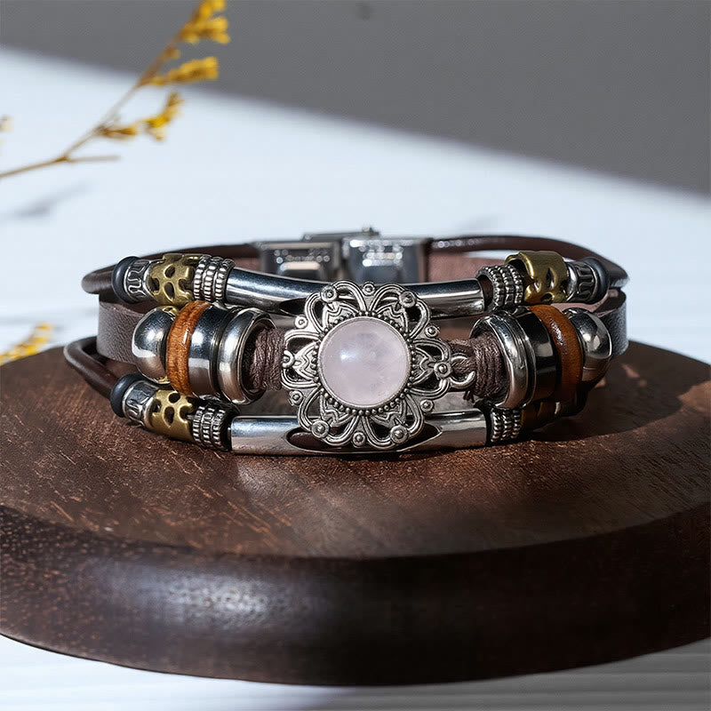 Bracciale multistrato in pelle e acciaio inossidabile con pietre preziose e motivo floreale in stile occidentale. - image 4