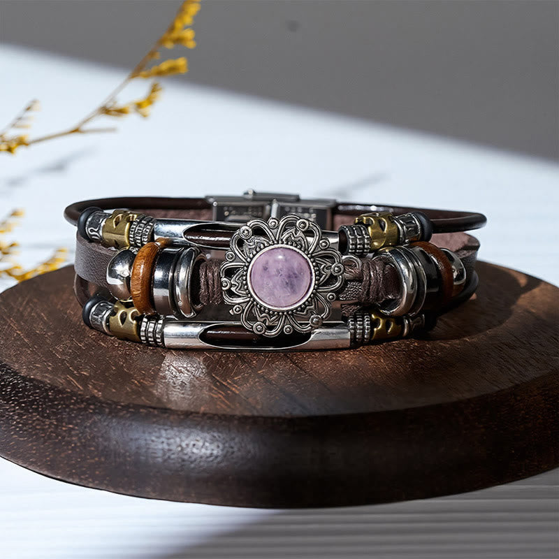 Bracciale multistrato in pelle e acciaio inossidabile con pietre preziose e motivo floreale in stile occidentale. - Stile n. 5 - image 8