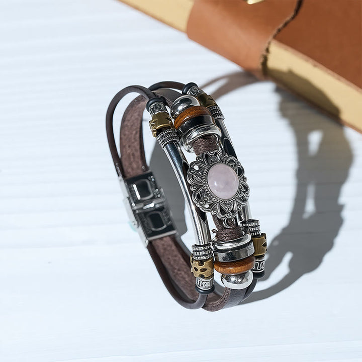 Bracciale multistrato in pelle e acciaio inossidabile con pietre preziose e motivo floreale in stile occidentale. - image 3