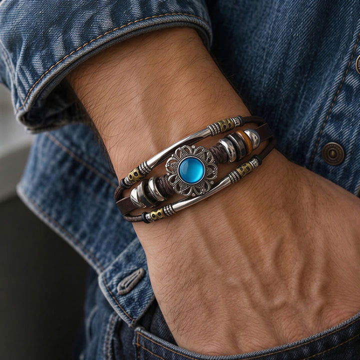 Bracciale multistrato in pelle e acciaio inossidabile con pietre preziose e motivo floreale in stile occidentale. - image 1
