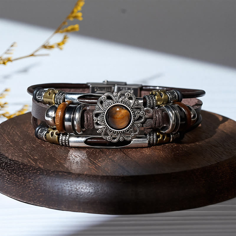 Bracciale multistrato in pelle e acciaio inossidabile con pietre preziose e motivo floreale in stile occidentale. - Stile n. 3 - image 6