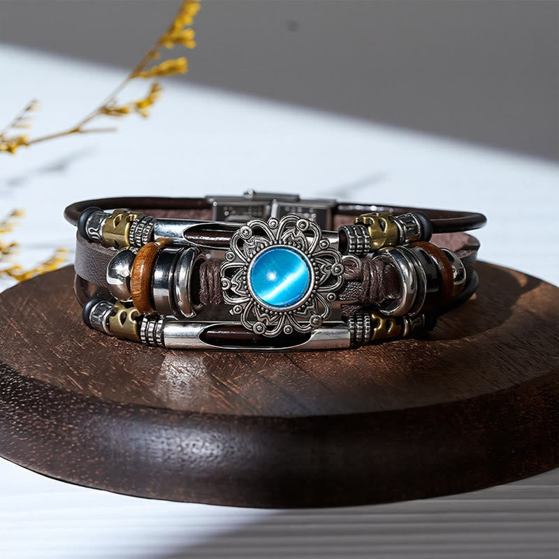 Bracciale multistrato in pelle e acciaio inossidabile con pietre preziose e motivo floreale in stile occidentale. - Stile n. 1 - image 9