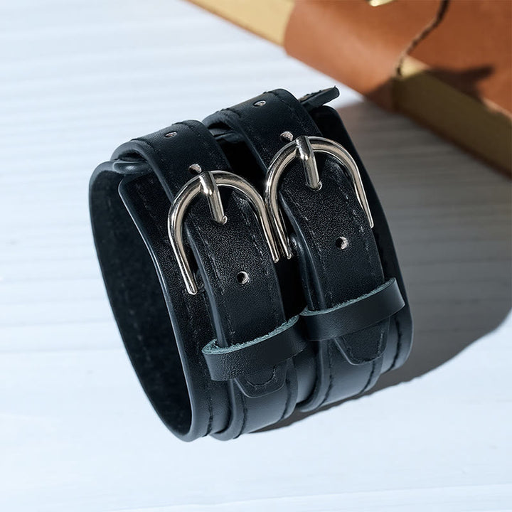Polsino ampio vintage con doppio cinturino in pelle pieno fiore e doppia fibbia - Nero - image 0