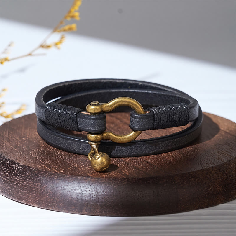 Bracciale da uomo vintage in pelle a due giri con chiusura a ferro di cavallo - Nero - image 4
