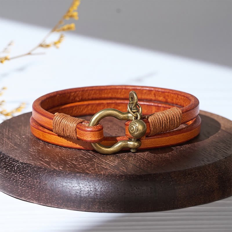 Bracciale da uomo vintage in pelle a due giri con chiusura a ferro di cavallo - Giallo - image 3