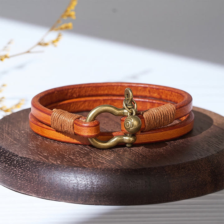 Bracciale da uomo vintage in pelle a due giri con chiusura a ferro di cavallo - Giallo - image 3