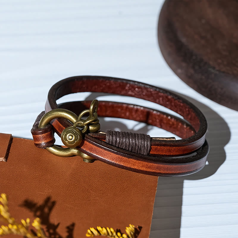Bracciale da uomo vintage in pelle a due giri con chiusura a ferro di cavallo - image 6