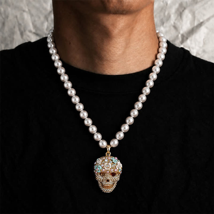 Collana con teschio di zucchero e perle, con strass di cristallo e fiori - image 1