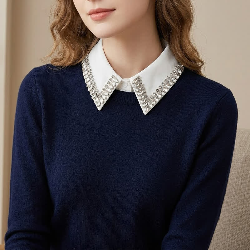 Camicia da donna con colletto finto a punta staccabile e strass di cristallo. - image 0
