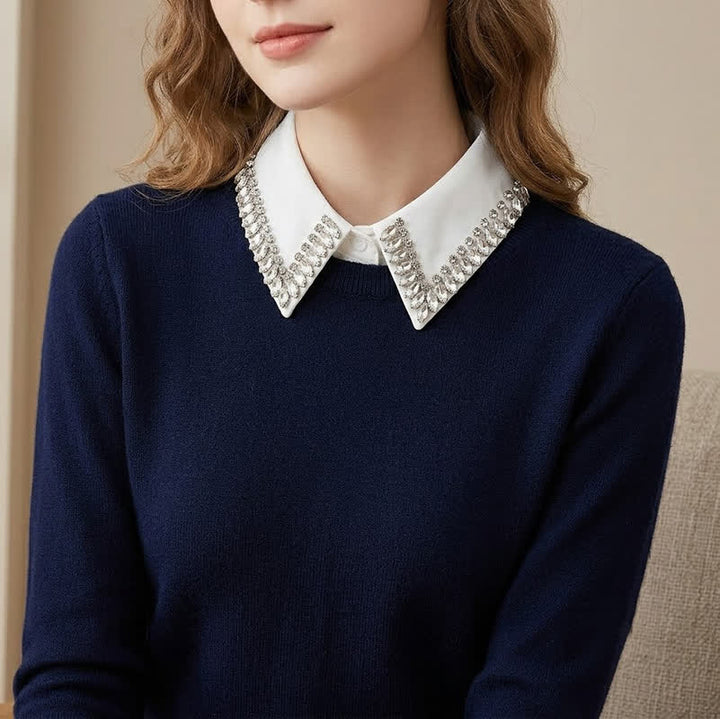 Camicia da donna con colletto finto a punta staccabile e strass di cristallo. - image 0