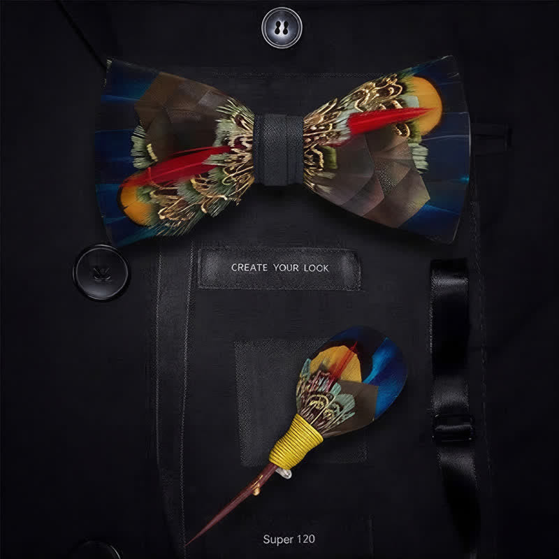 Papillon con piuma, nei colori marrone cioccolato e blu notte, con spilla da bavero. - image 5