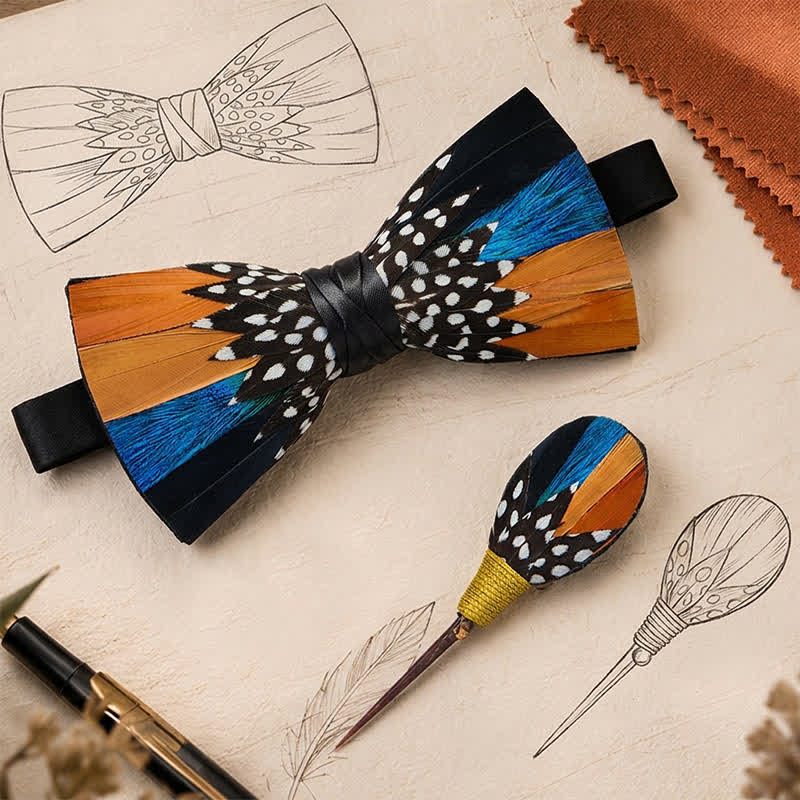 Papillon con piuma, fantasia a pois arancioni e blu "Savanna Spots", con spilla da bavero. - image 0