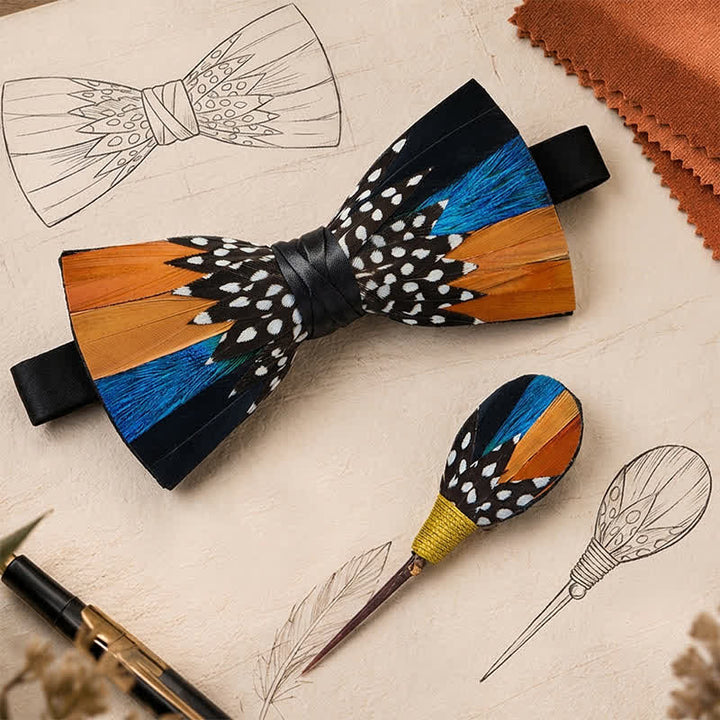 Papillon con piuma, fantasia a pois arancioni e blu "Savanna Spots", con spilla da bavero. - image 0