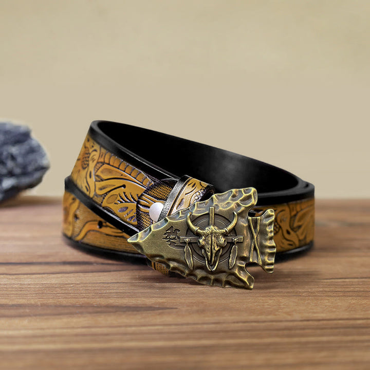 Cintura in pelle con fibbia a forma di toro a forma di punta di freccia fai da te da uomo - Bronzo antico - Cintura marrone sabbia (40) - image 21