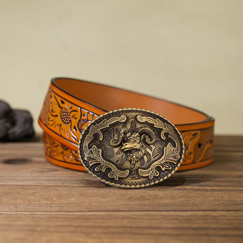 Cintura in pelle con fibbia a forma di testa di capra selvatica in bronzo fai da te da uomo - Capra selvatica - Cintura intagliata arancione (40) - image 15