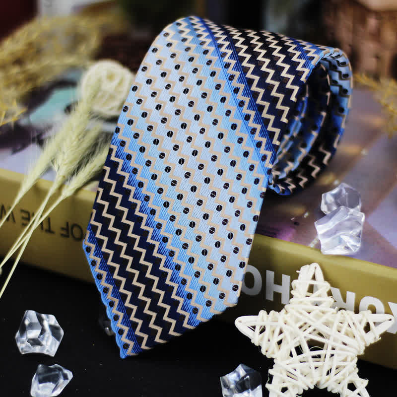 Cravatta a righe a zig-zag con pois blu e neri sfumati da uomo - Blu e nero - image 0