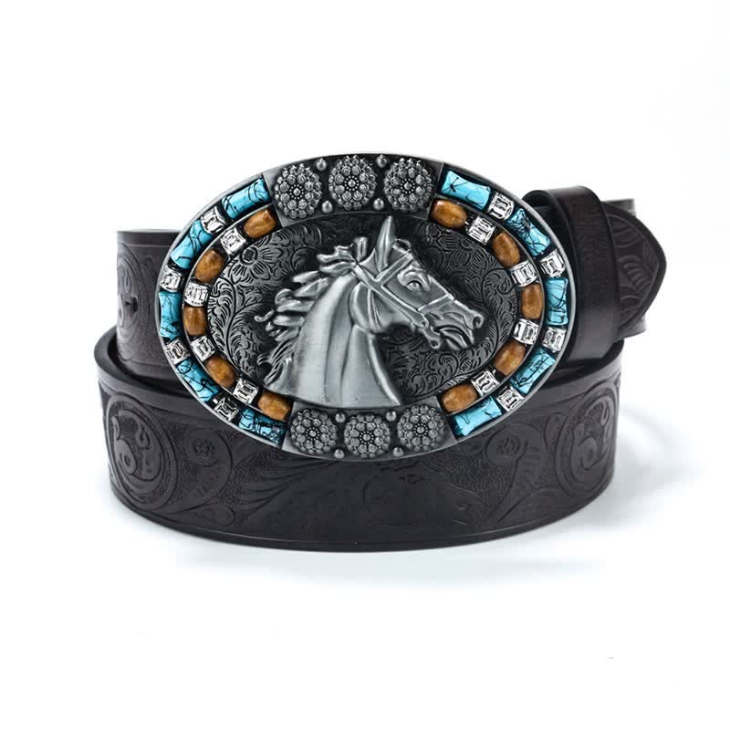 Cintura da uomo in pelle turchese con testa di cavallo da cowboy - Argento - 40 - image 6