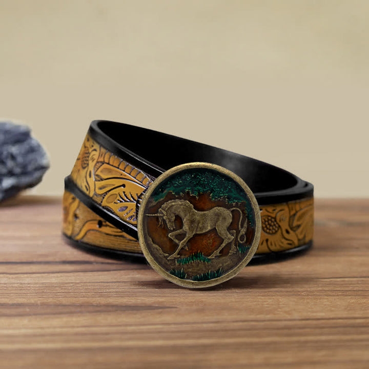Cintura in pelle con fibbia in bronzo antico con unicorno mistico fai da te da uomo - Unicorno - Cintura marrone sabbia (40) - image 14