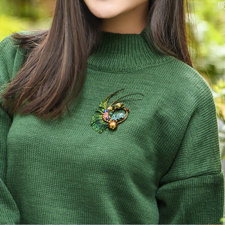 Spilla da donna retrò in bronzo con fiore e piuma di pavone - image 2