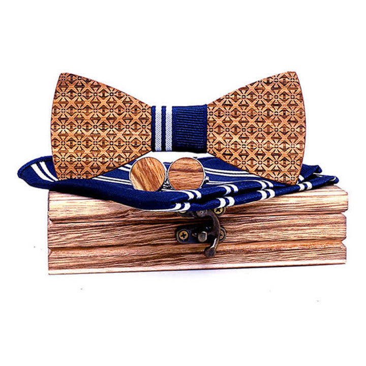 Set di 3 papillon in legno con fiocchi di neve di Natale da uomo - A righe blu navy - image 7