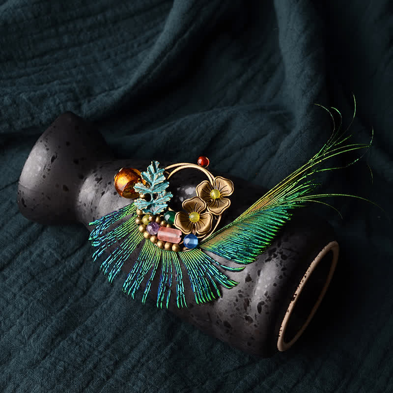 Spilla da donna retrò in bronzo con fiore e piuma di pavone - Verde - image 0