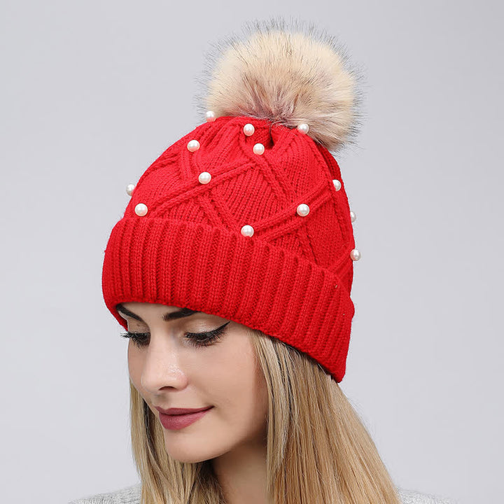 Cappello lavorato a maglia elasticizzato con pompon e perle carine da donna - Rosso - Regolabile (21 5/8"-23 5/8") - image 6