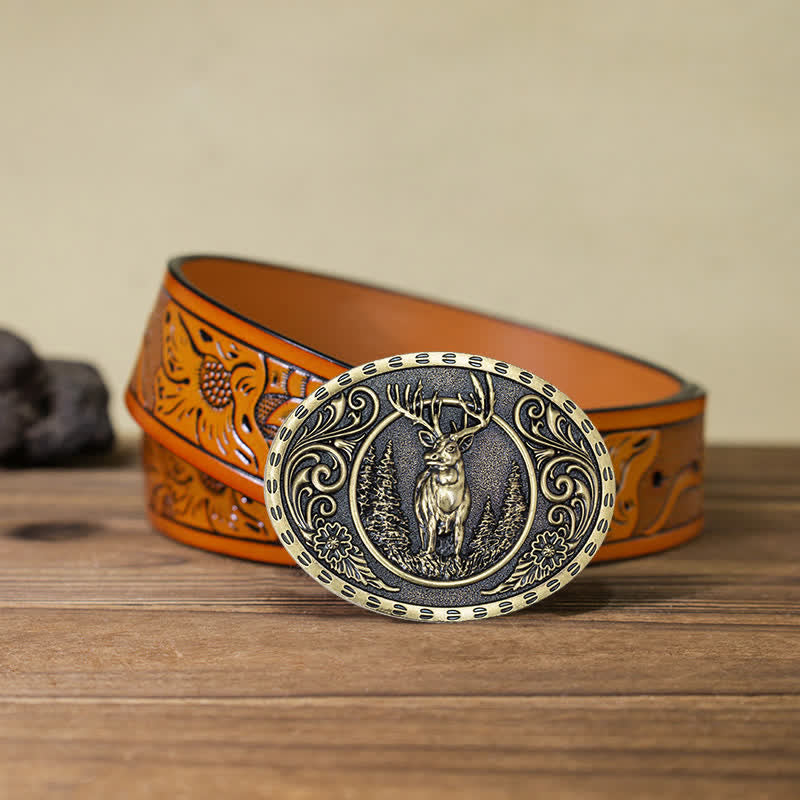 Cintura in pelle con fibbia della bandiera americana da cacciatore di cervi fai da te da uomo - Cervo d'oro - Cintura intagliata arancione (40) - image 42