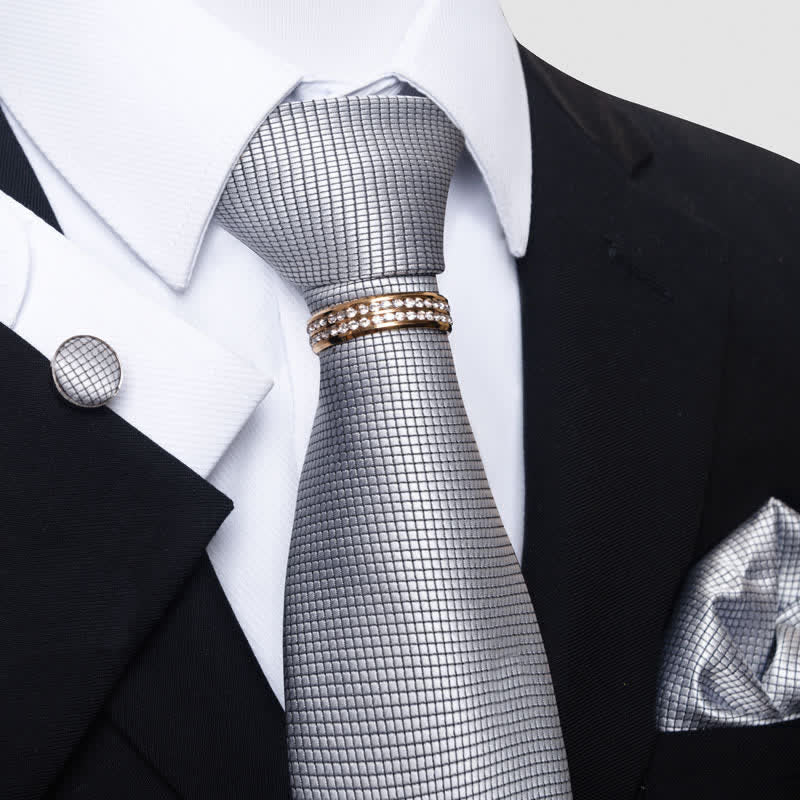 Set di 4 cravatte da uomo a micro-quadri con anello per cravatta - Grigio - image 0