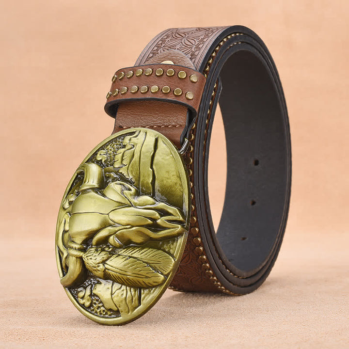 Cintura in pelle con fibbia a testa di toro e rivetto decorativo da uomo - Marrone - 44 - image 10