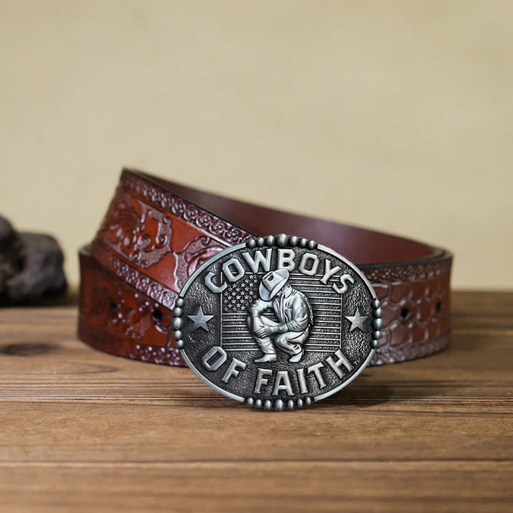 Cintura in pelle con fibbia "Cowboys Of Faith" fai da te da uomo - Argento antico - Cintura marrone intagliata (40) - image 17