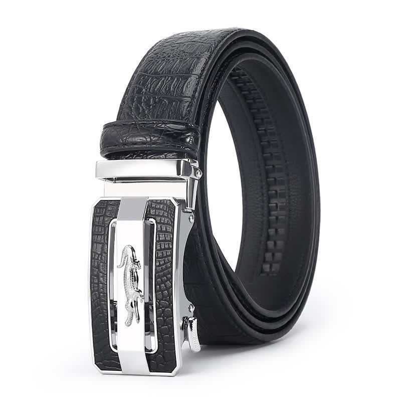Cintura da uomo in pelle con fibbia automatica con motivo coccodrillo - Stile n. 1 - Nero / Argento - 44 - image 5