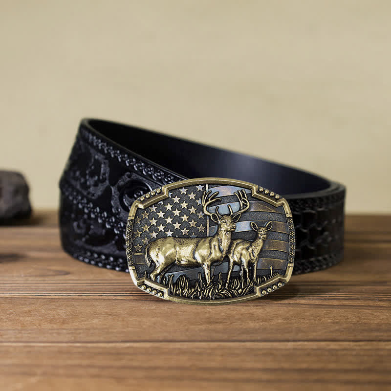 Cintura in pelle con fibbia della bandiera americana da cacciatore di cervi fai da te da uomo - Cervi d'oro - Cintura nera intagliata (40) - image 25