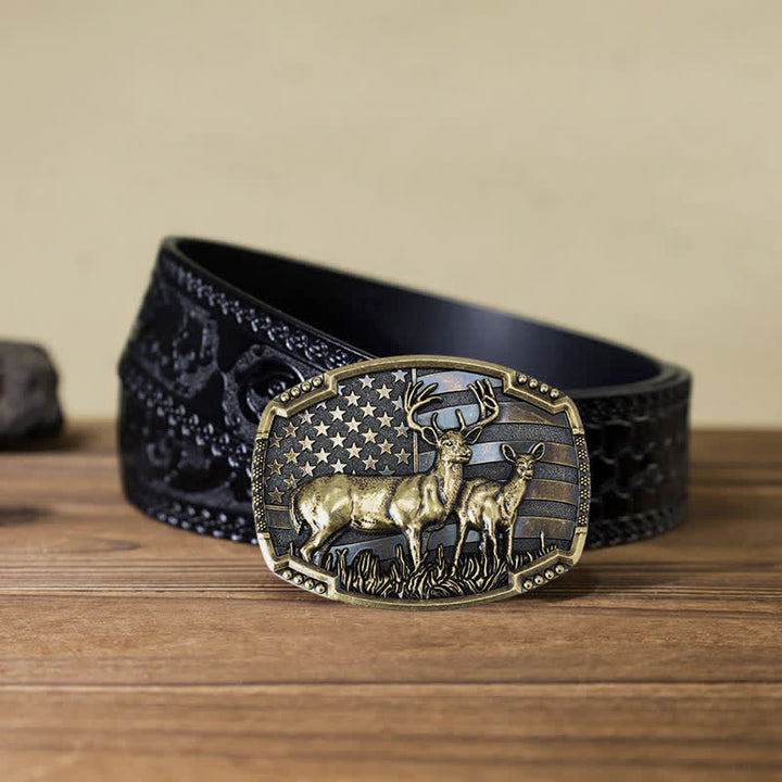 Cintura in pelle con fibbia della bandiera americana da cacciatore di cervi fai da te da uomo - Cervi d'oro - Cintura nera intagliata (40) - image 25