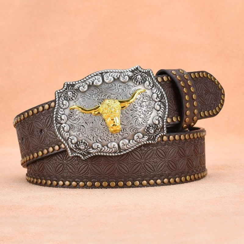 Cintura da uomo in pelle di toro con rivetti punk e corna lunghe dorate - image 11